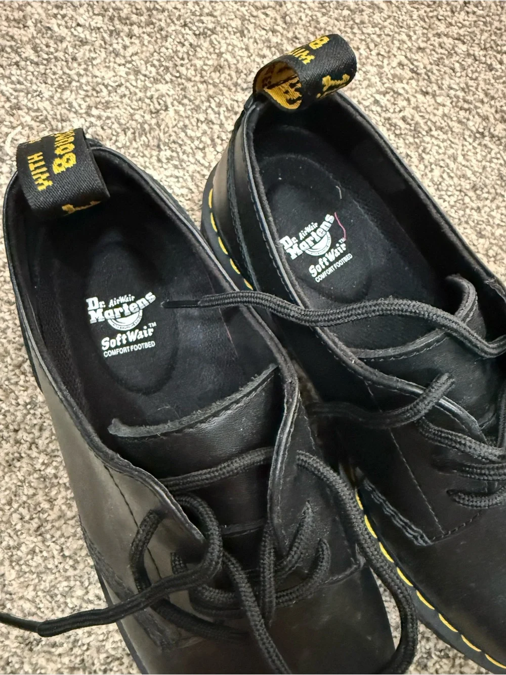 Dr. Martens Black Leather Platform Lace-Up Shoes with Yellow Stitching